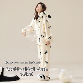 Pidžama set s kapuljačom, Panda uzorak od koral fleksa, debeo za zimu