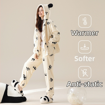 Pidžama set s kapuljačom, Panda uzorak od koral fleksa, debeo za zimu