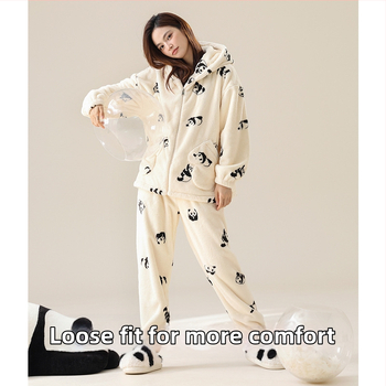 Pidžama set s kapuljačom, Panda uzorak od koral fleksa, debeo za zimu