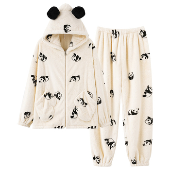 Pidžama set s kapuljačom, Panda uzorak od koral fleksa, debeo za zimu