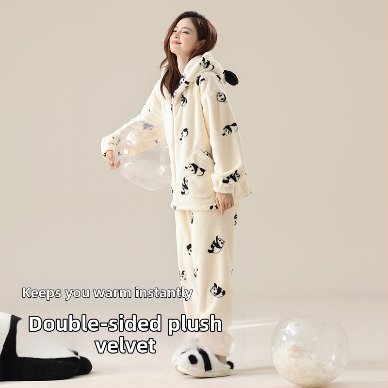 Pidžama set s kapuljačom, Panda uzorak od koral fleksa, debeo za zimu
