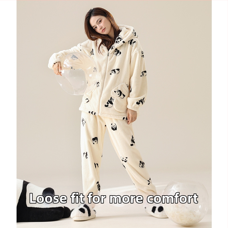 Pidžama set s kapuljačom, Panda uzorak od koral fleksa, debeo za zimu