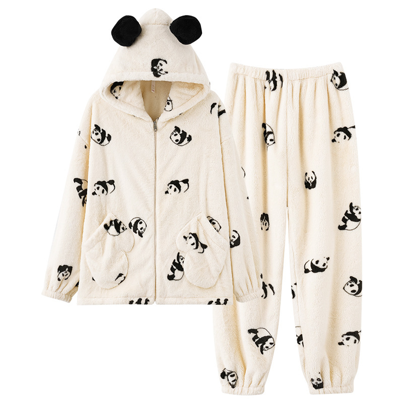 Pidžama set s kapuljačom, Panda uzorak od koral fleksa, debeo za zimu