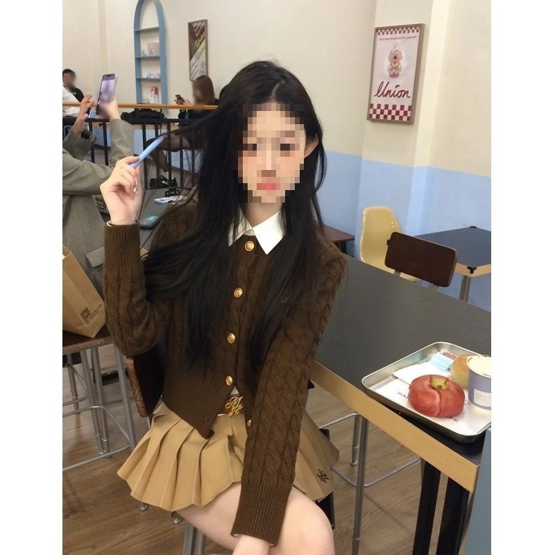 Ženski kostim s suknjom - školski stil JK, tanki pleteni kardigan kao vanjski sloj, dugi rukavi, mini suknja, proljeće 2025