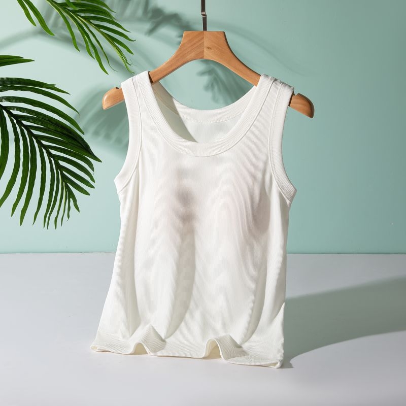 Ženski ribasti top bez rukava s umetkom za prsa, jednobojni pleteni top, pamuk 90–95% + spandeks 0–30%, duljina 50–65 cm