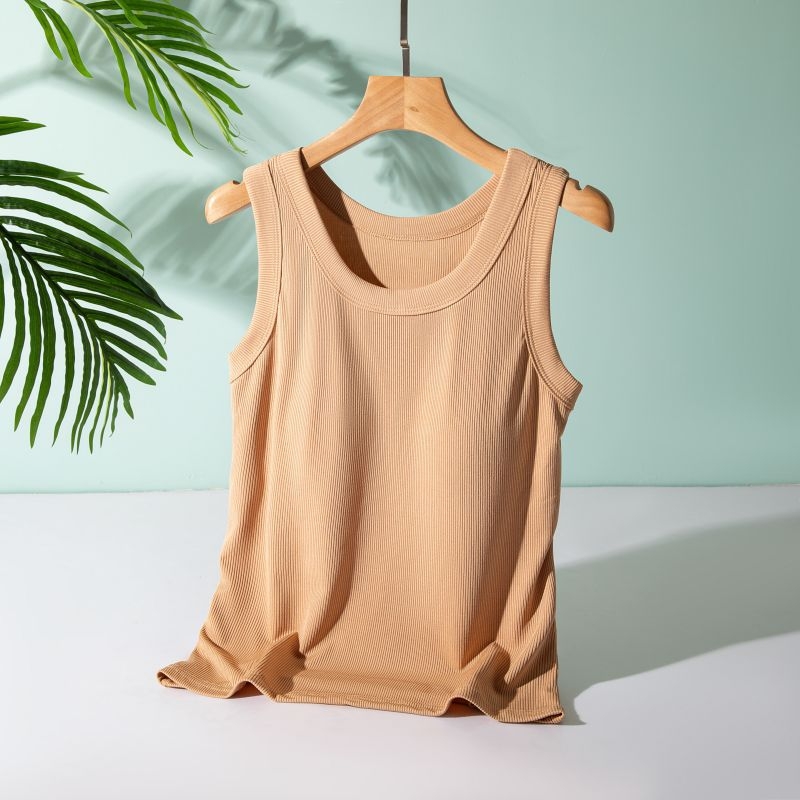 Ženski ribasti top bez rukava s umetkom za prsa, jednobojni pleteni top, pamuk 90–95% + spandeks 0–30%, duljina 50–65 cm
