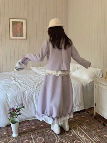 Ženski vuneni sako i kostim s suknjom, francuski retro ilustrativni stil, proljeće 2025 (Uzorak: Drugi; Materijal: ovčja vuna; Glavni materijal: PVC; Stil odjela: kostim s suknjom)