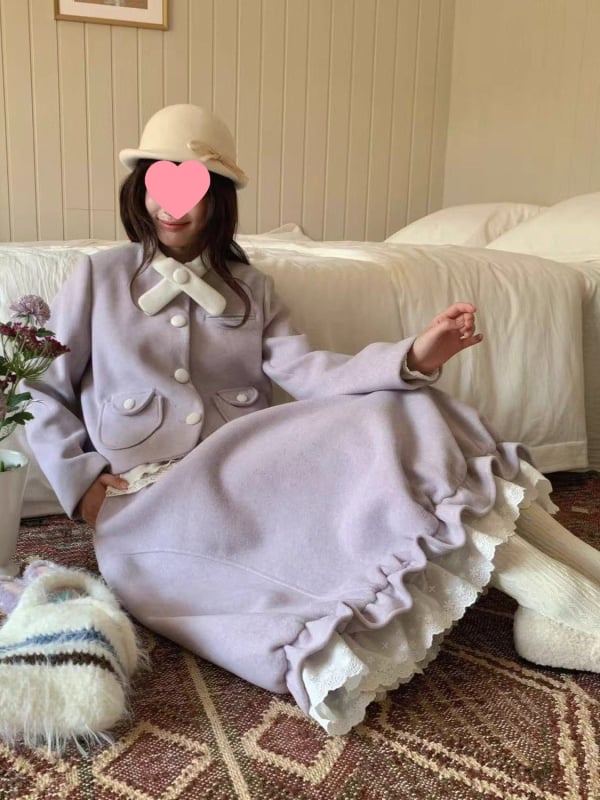 Ženski vuneni sako i kostim s suknjom, francuski retro ilustrativni stil, proljeće 2025 (Uzorak: Drugi; Materijal: ovčja vuna; Glavni materijal: PVC; Stil odjela: kostim s suknjom)