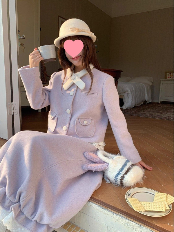 Ženski vuneni sako i kostim s suknjom, francuski retro ilustrativni stil, proljeće 2025 (Uzorak: Drugi; Materijal: ovčja vuna; Glavni materijal: PVC; Stil odjela: kostim s suknjom)