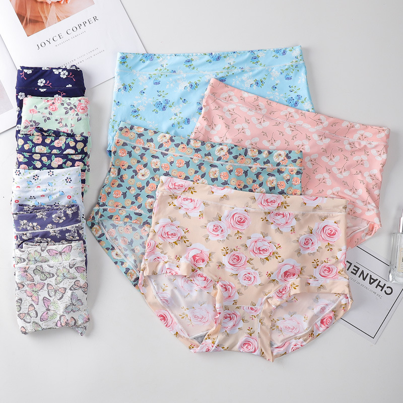Bezšivne ženske gaćice, antibakterijska pamukasta podstava, prozračne, cvjetni uzorak, lagani ljetni model, srednji pojas, plus veličina, led silk stil