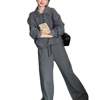 Polo kaklo džemperio ir sportinių kelnių komplektas – laisvas kirpimas, kasdienis sportinis kostiumas, poliesteris/elastanas, ilgos rankovės, pavasaris 2025