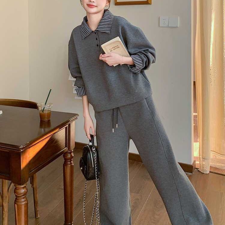 Polo kaklo džemperio ir sportinių kelnių komplektas – laisvas kirpimas, kasdienis sportinis kostiumas, poliesteris/elastanas, ilgos rankovės, pavasaris 2025