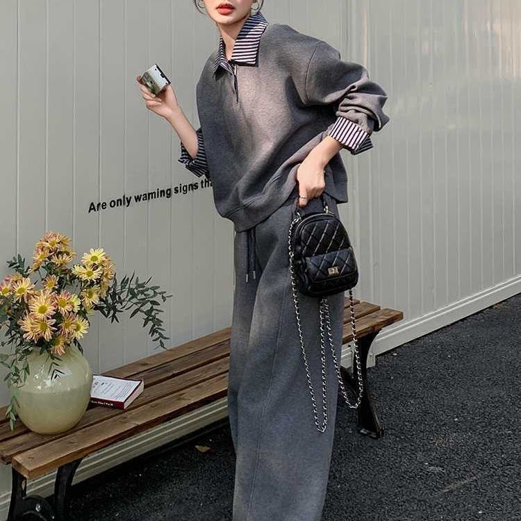 Polo kaklo džemperio ir sportinių kelnių komplektas – laisvas kirpimas, kasdienis sportinis kostiumas, poliesteris/elastanas, ilgos rankovės, pavasaris 2025