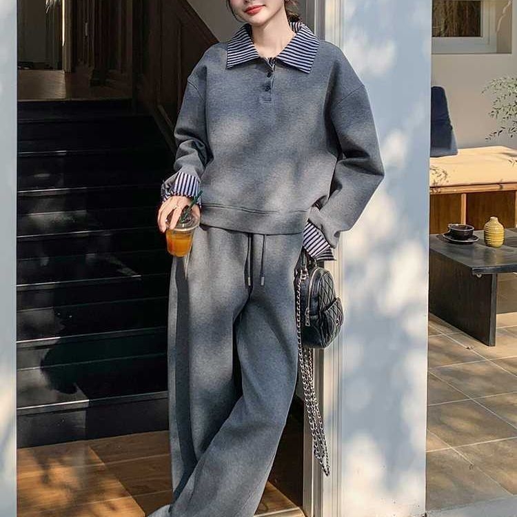 Polo kaklo džemperio ir sportinių kelnių komplektas – laisvas kirpimas, kasdienis sportinis kostiumas, poliesteris/elastanas, ilgos rankovės, pavasaris 2025
