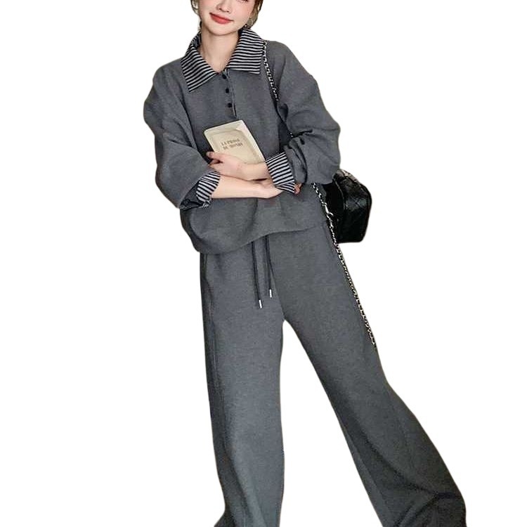 Polo kaklo džemperio ir sportinių kelnių komplektas – laisvas kirpimas, kasdienis sportinis kostiumas, poliesteris/elastanas, ilgos rankovės, pavasaris 2025