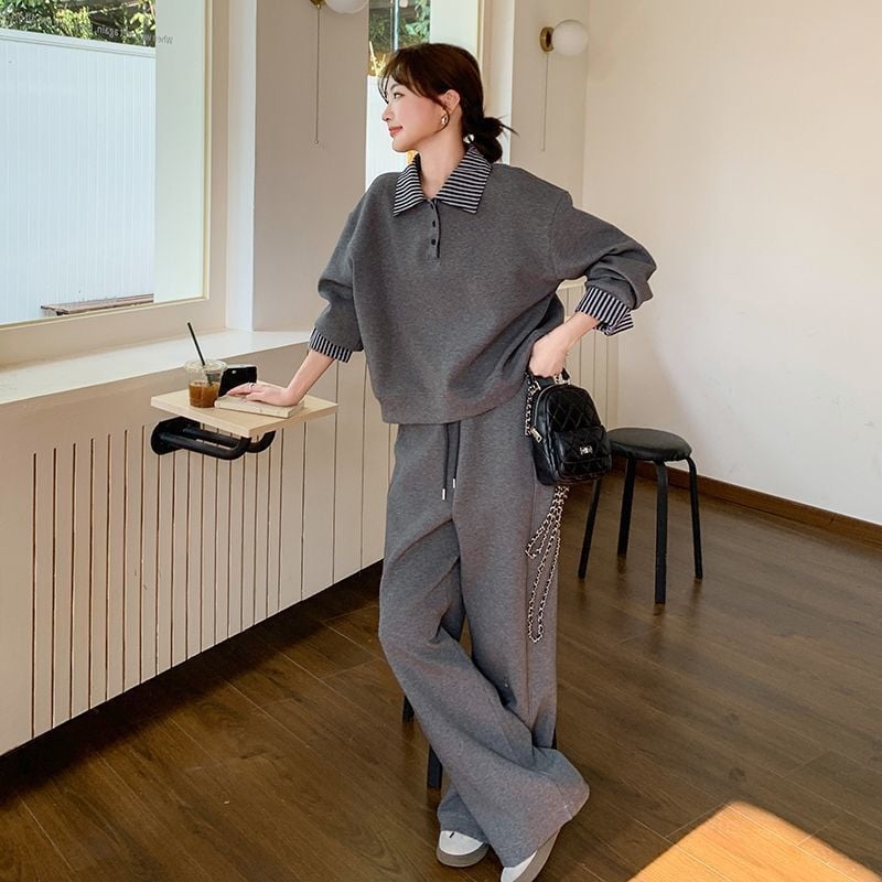 Polo kaklo džemperio ir sportinių kelnių komplektas – laisvas kirpimas, kasdienis sportinis kostiumas, poliesteris/elastanas, ilgos rankovės, pavasaris 2025