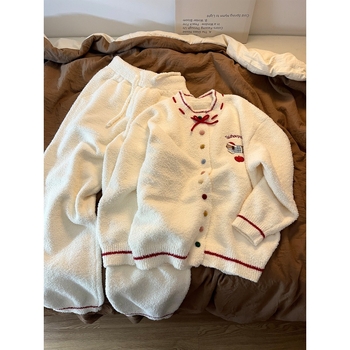 Set de pijamale pentru fete cu imprimeu dachshund drăguț, material cald din catifea jumătate, stil coreean, guler rotund, mâneci lungi