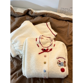 Set de pijamale pentru fete cu imprimeu dachshund drăguț, material cald din catifea jumătate, stil coreean, guler rotund, mâneci lungi