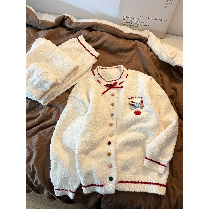 Set de pijamale pentru fete cu imprimeu dachshund drăguț, material cald din catifea jumătate, stil coreean, guler rotund, mâneci lungi