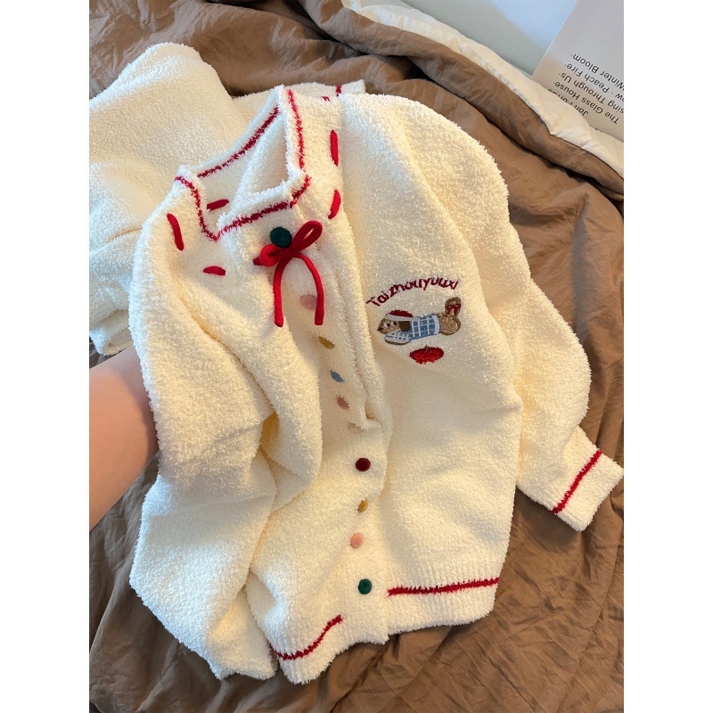 Set de pijamale pentru fete cu imprimeu dachshund drăguț, material cald din catifea jumătate, stil coreean, guler rotund, mâneci lungi