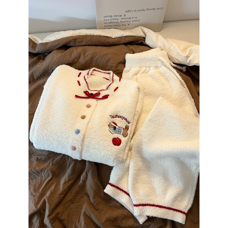 Set de pijamale pentru fete cu imprimeu dachshund drăguț, material cald din catifea jumătate, stil coreean, guler rotund, mâneci lungi