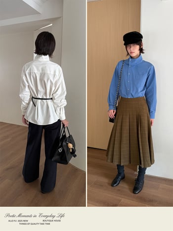 Moteriški medvilniniai marškiniai su vientisos spalvos raštu, stand-up apykaklė, ilgos rankovės, vidutinio ilgio, Žiemos 2025.