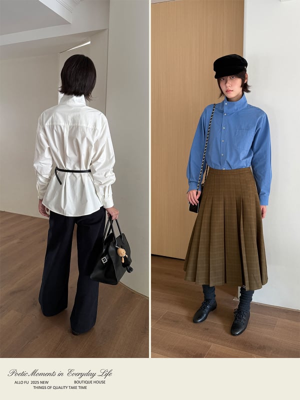 Moteriški medvilniniai marškiniai su vientisos spalvos raštu, stand-up apykaklė, ilgos rankovės, vidutinio ilgio, Žiemos 2025.