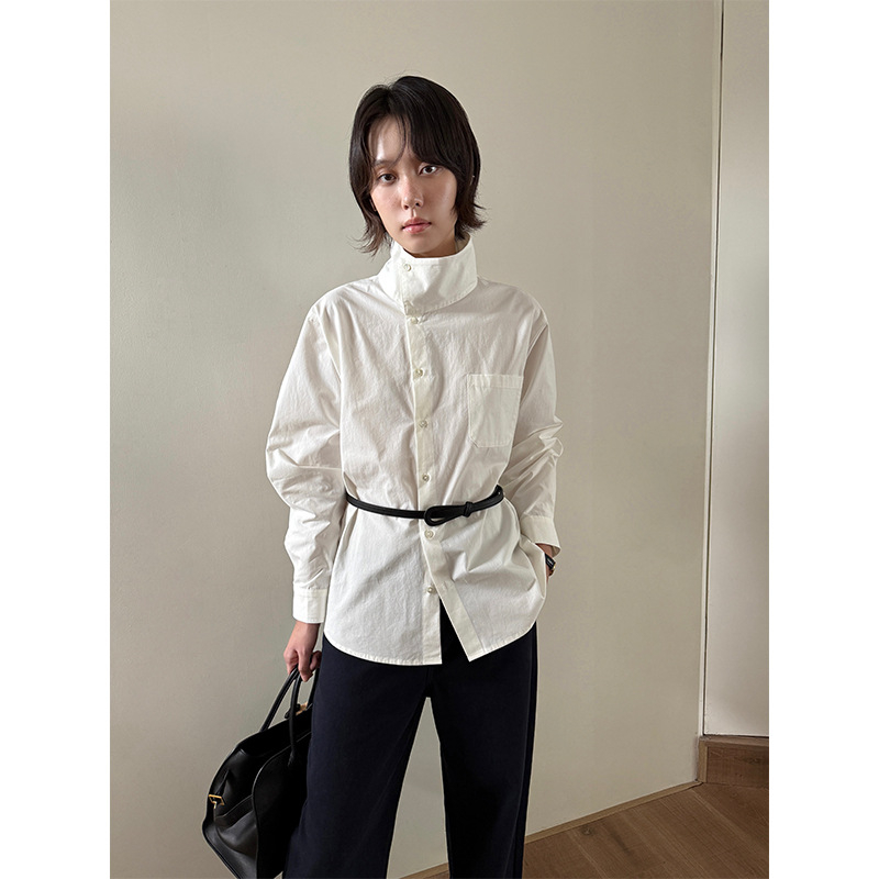 Moteriški medvilniniai marškiniai su vientisos spalvos raštu, stand-up apykaklė, ilgos rankovės, vidutinio ilgio, Žiemos 2025.