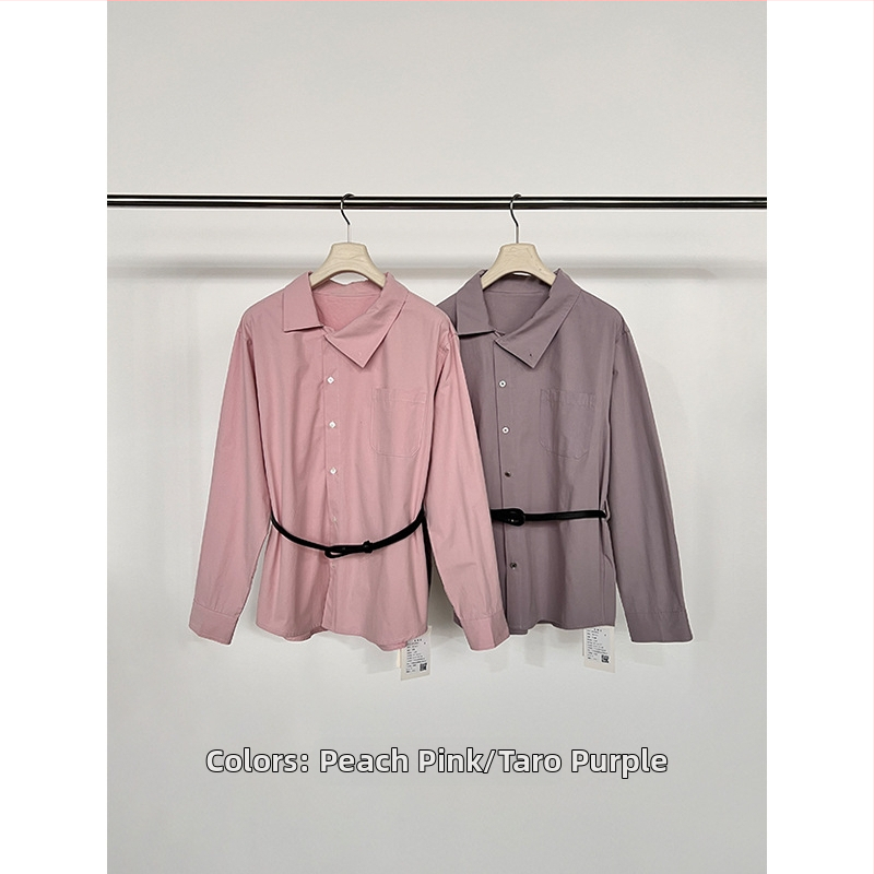 Moteriški medvilniniai marškiniai su vientisos spalvos raštu, stand-up apykaklė, ilgos rankovės, vidutinio ilgio, Žiemos 2025.