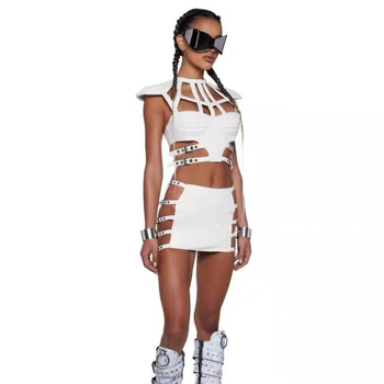 Dviejų dalių komplektas: halterneck-topas ir sijonas, be rankovių, PU–medžiagų mišinys (90–95% medvilnės), gatvės hipster stilius, vasara 2024