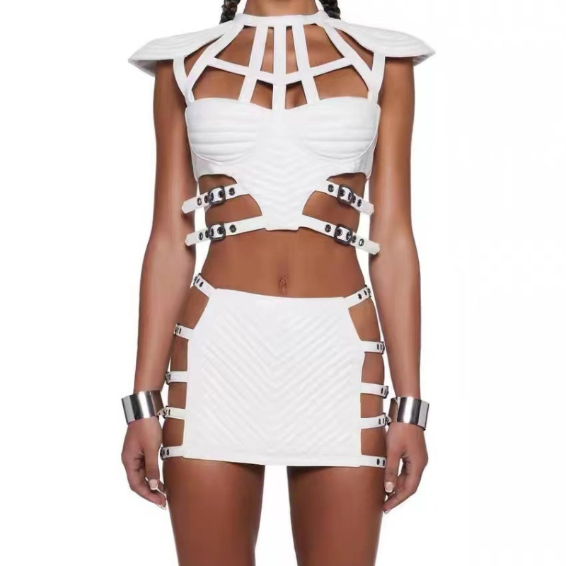 Dviejų dalių komplektas: halterneck-topas ir sijonas, be rankovių, PU–medžiagų mišinys (90–95% medvilnės), gatvės hipster stilius, vasara 2024