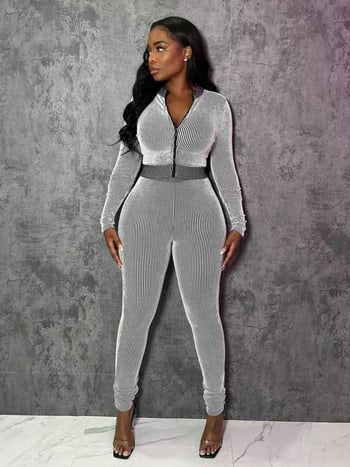 Grožis moterų dviejų dalių kasdienis sportinis kostiumas su ilgomis rankovėmis ir užtrauktuku — ruduo 2025, raštas dryžuotas/karas, poliesterio/spandekso mišinys, koliažo detalės, gatvės stilius