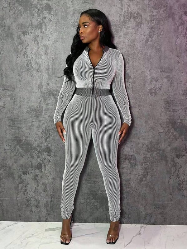 Grožis moterų dviejų dalių kasdienis sportinis kostiumas su ilgomis rankovėmis ir užtrauktuku — ruduo 2025, raštas dryžuotas/karas, poliesterio/spandekso mišinys, koliažo detalės, gatvės stilius