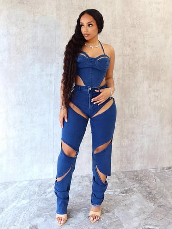 Džinsinis kostiumas su kelnėmis su 3D raštu ir mezgimo gėlės detalėmis, be rankovių, medvilnės-elastano mišinio, 2025 m. pavasaris, kaubojiškas gatvės hipster stilius