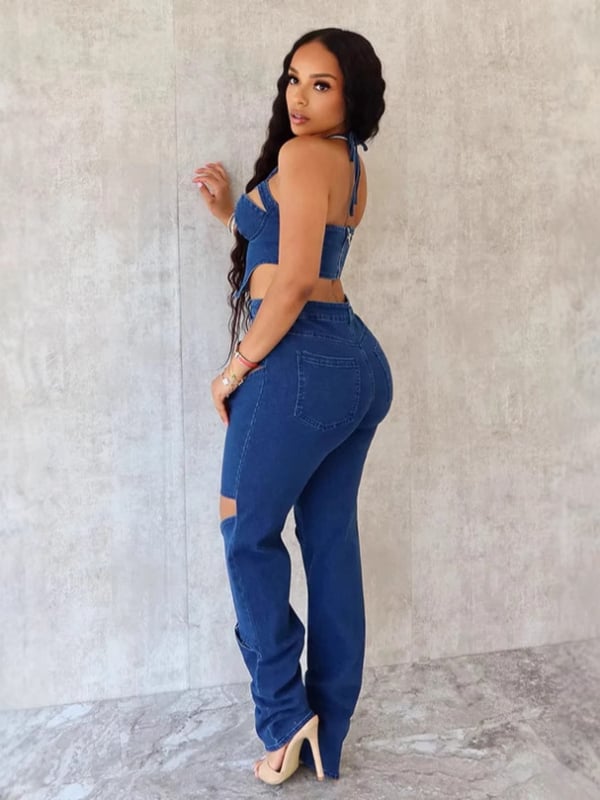 Džinsinis kostiumas su kelnėmis su 3D raštu ir mezgimo gėlės detalėmis, be rankovių, medvilnės-elastano mišinio, 2025 m. pavasaris, kaubojiškas gatvės hipster stilius