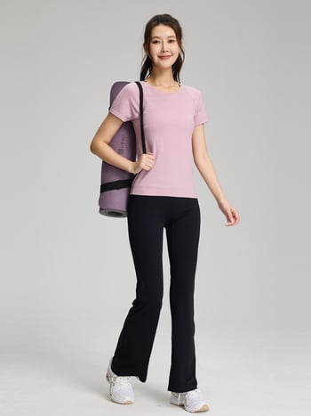 Γυναικείο τοπ γιόγκα χωρίς ραφές, διαπνέον ύφασμα από ένα κομμάτι, νάιλον 97% spandex 3%, κοντό μανίκι, εφαρμογή slim fit, μήκος ισχίου