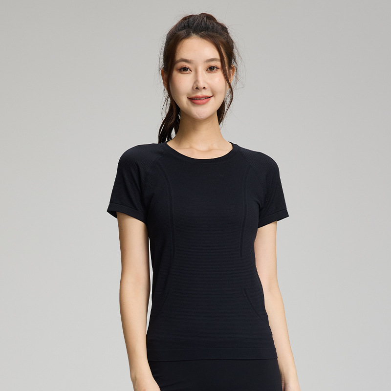 Γυναικείο τοπ γιόγκα χωρίς ραφές, διαπνέον ύφασμα από ένα κομμάτι, νάιλον 97% spandex 3%, κοντό μανίκι, εφαρμογή slim fit, μήκος ισχίου