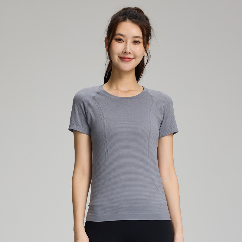 Γυναικείο τοπ γιόγκα χωρίς ραφές, διαπνέον ύφασμα από ένα κομμάτι, νάιλον 97% spandex 3%, κοντό μανίκι, εφαρμογή slim fit, μήκος ισχίου