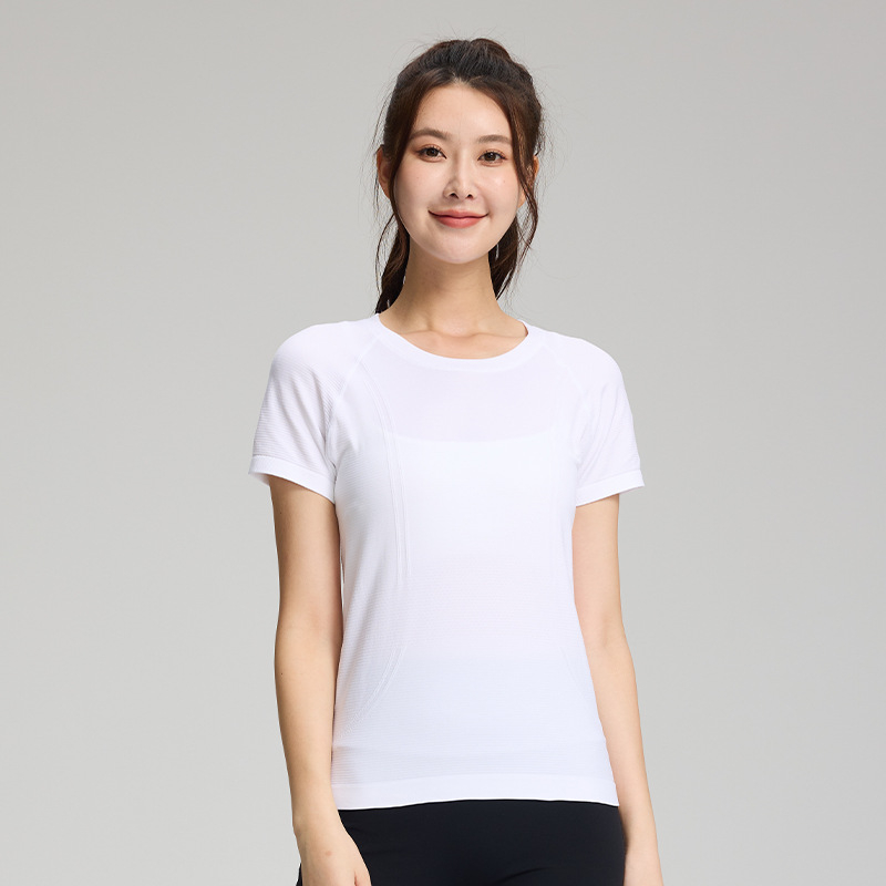 Γυναικείο τοπ γιόγκα χωρίς ραφές, διαπνέον ύφασμα από ένα κομμάτι, νάιλον 97% spandex 3%, κοντό μανίκι, εφαρμογή slim fit, μήκος ισχίου