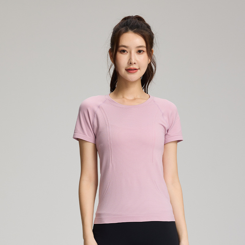 Γυναικείο τοπ γιόγκα χωρίς ραφές, διαπνέον ύφασμα από ένα κομμάτι, νάιλον 97% spandex 3%, κοντό μανίκι, εφαρμογή slim fit, μήκος ισχίου