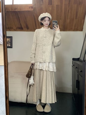 Moterų gėlių megztinio komplektas: megztinis su kardiganu, sluoksniuotas viršus ir sijonas – trijų dalių kasdienis komplektas, ilgomis rankovėmis, pavasaris 2025