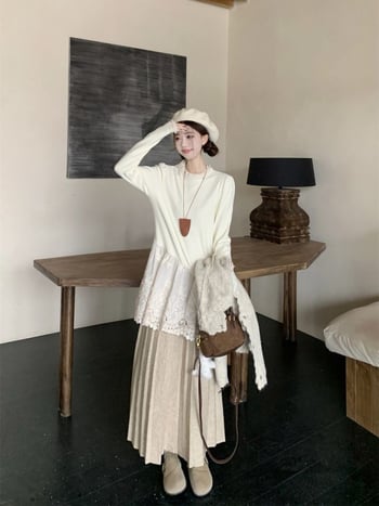 Moterų gėlių megztinio komplektas: megztinis su kardiganu, sluoksniuotas viršus ir sijonas – trijų dalių kasdienis komplektas, ilgomis rankovėmis, pavasaris 2025