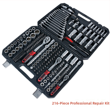 Gorepu 216 dalių automobilių remonto įrankių rinkinys su sokeliais ir veržliarakčiais – aukštos anglies plienas, dydžiai 1/4, 3/8 ir 1/2 colio, skirtas automobilių ir mechaniniam remontui