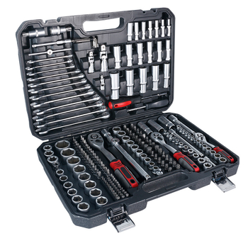 Gorepu 216 dalių automobilių remonto įrankių rinkinys su sokeliais ir veržliarakčiais – aukštos anglies plienas, dydžiai 1/4, 3/8 ir 1/2 colio, skirtas automobilių ir mechaniniam remontui