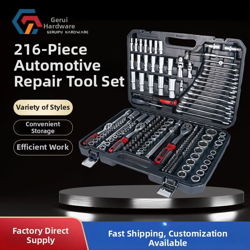 Gorepu 216 dalių automobilių remonto įrankių rinkinys su sokeliais ir veržliarakčiais – aukštos anglies plienas, dydžiai 1/4, 3/8 ir 1/2 colio, skirtas automobilių ir mechaniniam remontui