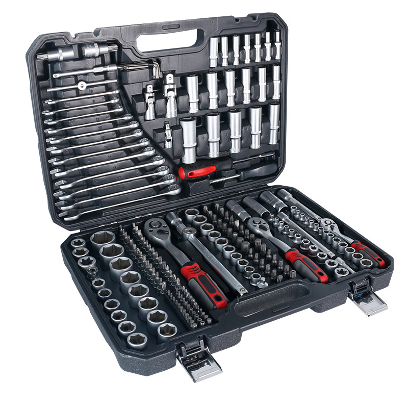 Gorepu 216 dalių automobilių remonto įrankių rinkinys su sokeliais ir veržliarakčiais – aukštos anglies plienas, dydžiai 1/4, 3/8 ir 1/2 colio, skirtas automobilių ir mechaniniam remontui