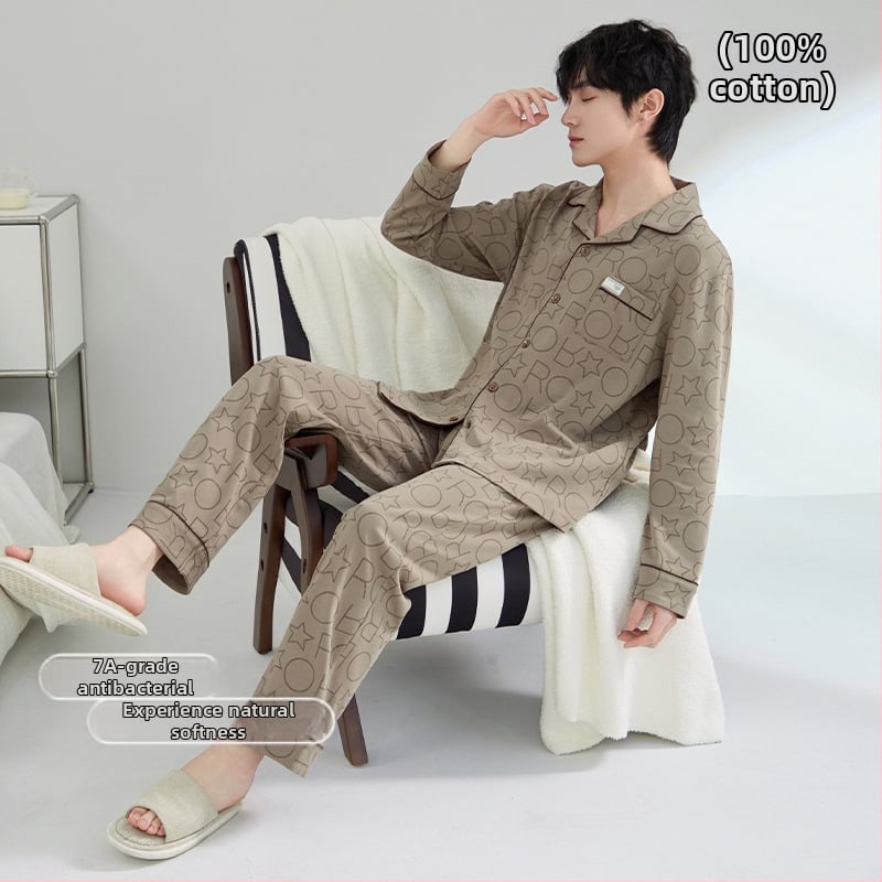 Ανδρικό σετ πιτζάμες από 100% βαμβάκι, αντιβακτηριακό, με μακριά μανίκια και καρντγκάν, οικιακή ενδυμασία, μεσαίου πάχους 201–250 g/m²