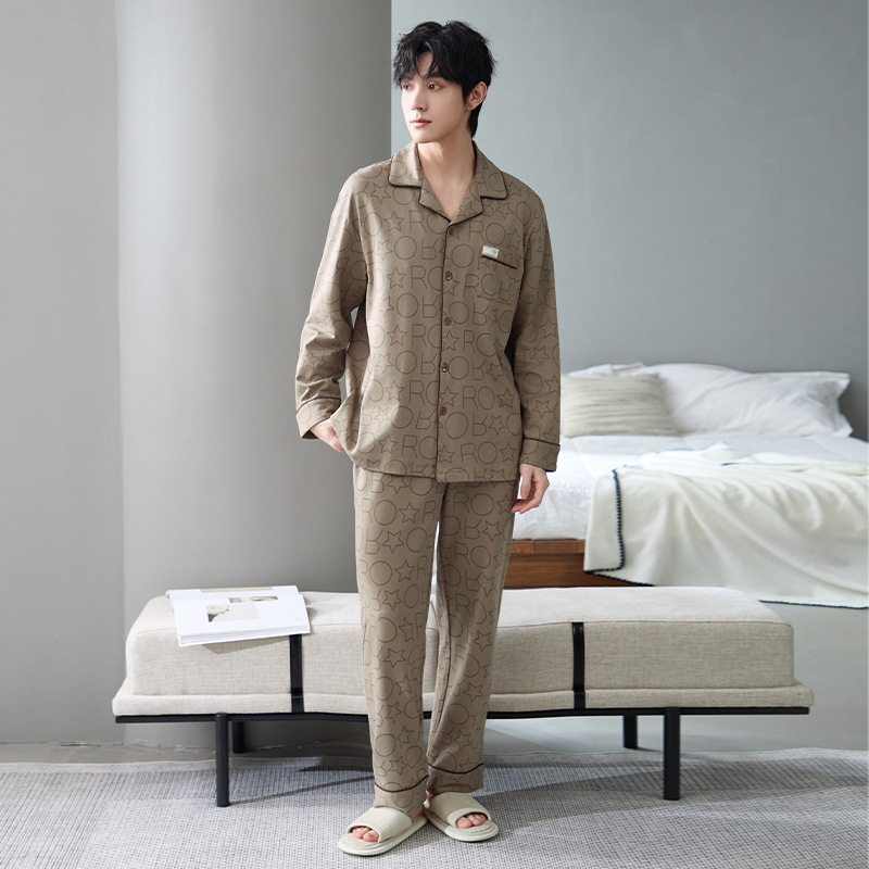 Ανδρικό σετ πιτζάμες από 100% βαμβάκι, αντιβακτηριακό, με μακριά μανίκια και καρντγκάν, οικιακή ενδυμασία, μεσαίου πάχους 201–250 g/m²