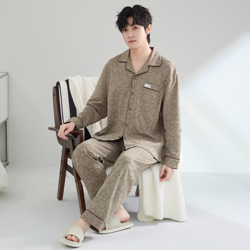 Ανδρικό σετ πιτζάμες από 100% βαμβάκι, αντιβακτηριακό, με μακριά μανίκια και καρντγκάν, οικιακή ενδυμασία, μεσαίου πάχους 201–250 g/m²