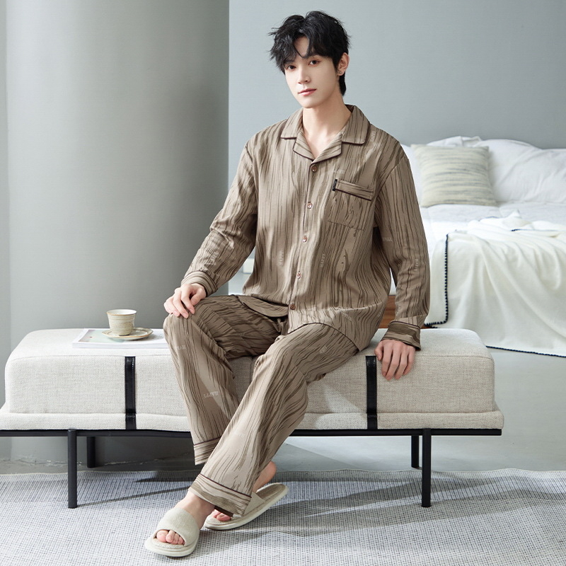 Ανδρικό σετ πιτζάμες από 100% βαμβάκι, αντιβακτηριακό, με μακριά μανίκια και καρντγκάν, οικιακή ενδυμασία, μεσαίου πάχους 201–250 g/m²